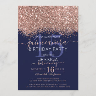 Chic Roos Gold Navy Glitter Confetti Quinceañera Kaart