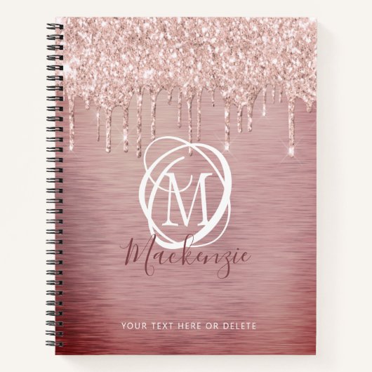 Chic Roos Gold Pink Glitter Drip Stijlvol Monogram Notitieboek (Voorkant)