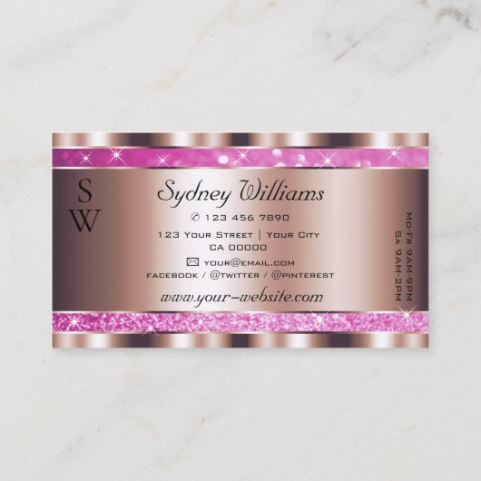 Chic Roos Gold Pink Glitter Sparkle Stars Monogram Visitekaartje (Achterkant)