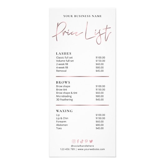 Chic Roos Gold Salon-prijslijst voor services Reclamekaart (Voorkant)
