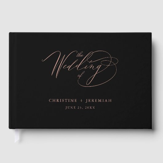 Chic Roos Gold Script Calligraphy Black Wedding Gastenboek (Voorkant)