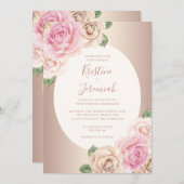 Chic Roos Gold Script Waterverf Floral Wedding Kaart (Voorkant / Achterkant)