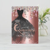 Chic roos Gold Silver Glitter druppelt Quinceanera Kaart (Staand voorkant)