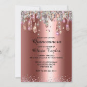 Chic roos Gold Silver Glitter druppelt Quinceanera Kaart (Achterkant)