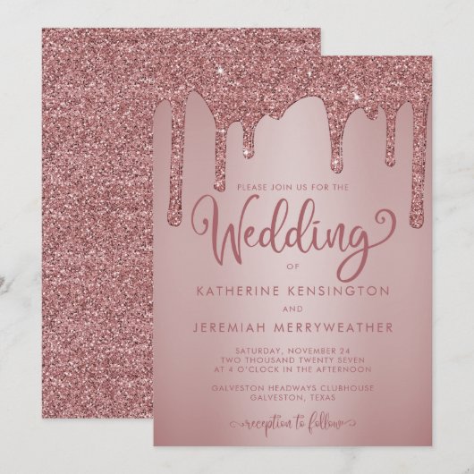 Chic Roos Gold Sparkle Driving Glitter Wedding Kaart (Voorkant / Achterkant)