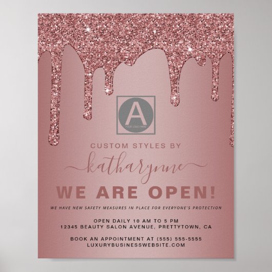Chic Roos Gold Sparkle Glitter Drift Business Open Poster (Voorkant)
