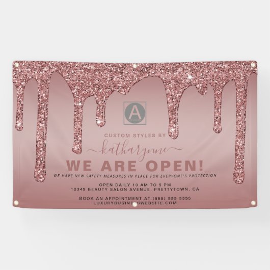 Chic Roos Gold Sparkle Glitter Drift Business Open Spandoek (Horizontaal)