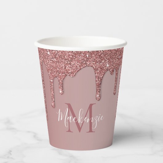 Chic Roos Gold Sparkle Glitter Drift Monogram Papieren Bekers (Voorkant)