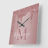 Chic Roos Gold Sparkle Glitter Drift Monogram Vierkante Klok (Hoek)