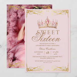 Chic Roos Gold Sweet 16 Crown Verjaardagsfoto Kaart