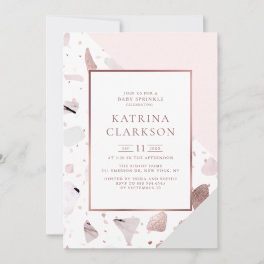 Chic Roos Gold Terrazzo Pattern Girl Baby Sprinkle Kaart (Voorkant)
