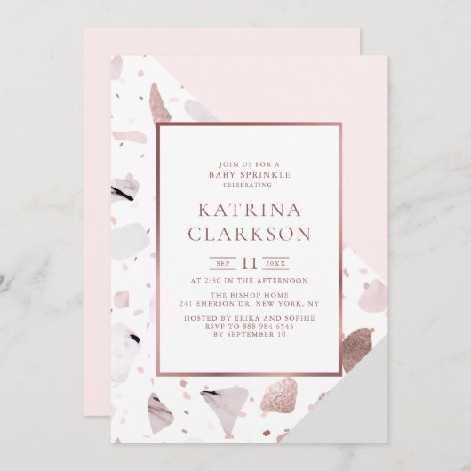Chic Roos Gold Terrazzo Pattern Girl Baby Sprinkle Kaart (Voorkant / Achterkant)