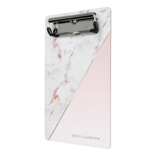 Chic Roos Goud en Wit Marmer Gepersonaliseerd Mini Klembord (Angled2)