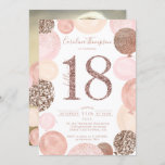 Chic roos goud glitter roze ballon foto 18th kaart<br><div class="desc">Een modern,  chic en elegant roos goud rangschikt 18e verjaardagsfeest met een moderne 18 typografie met roos goudroze ballonnen met handbeschilderde pastelroze,  roos gouden glitter,  sequenties,  bleke roze clusterballonnen met elegante calligrafie typografie. Voeg je foto achteraan toe. Perfect voor de verjaardag van het prinsesthema</div>