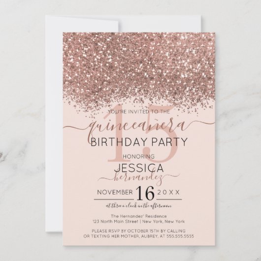 Chic Roos Goud Roze Glitter Confetti Quinceañera Kaart (Voorkant)
