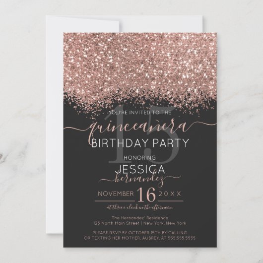 Chic Roos Goud Zwart Glitter Confetti Quinceañera Kaart (Voorkant)