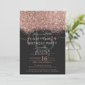Chic Roos Goud Zwart Glitter Confetti Quinceañera Kaart (Staand voorkant)