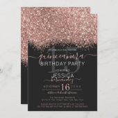 Chic Roos Goud Zwart Glitter Confetti Quinceañera Kaart (Voorkant / Achterkant)