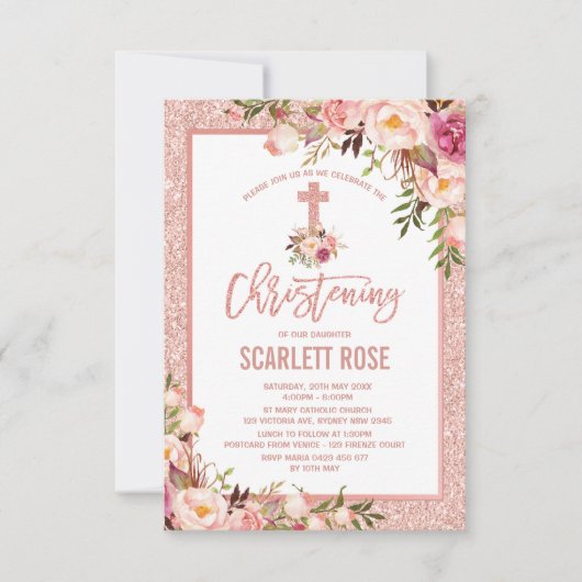 Chic Roos Gouden Bloemen Doop Baby Meisje Kaart (Voorkant)