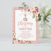 Chic Roos Gouden Bloemen Doop Baby Meisje Kaart (Staand voorkant)