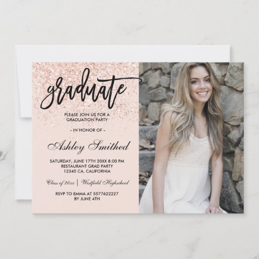 Chic roos gouden glitter blush afstuderen typograf kaart (Voorkant)