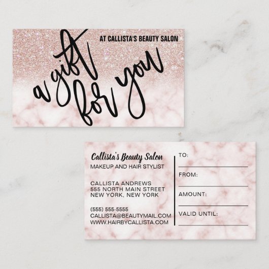 Chic Roos Gouden Glitter Marmeren Cadeaubon Visitekaartje (Voorkant / Achterkant)