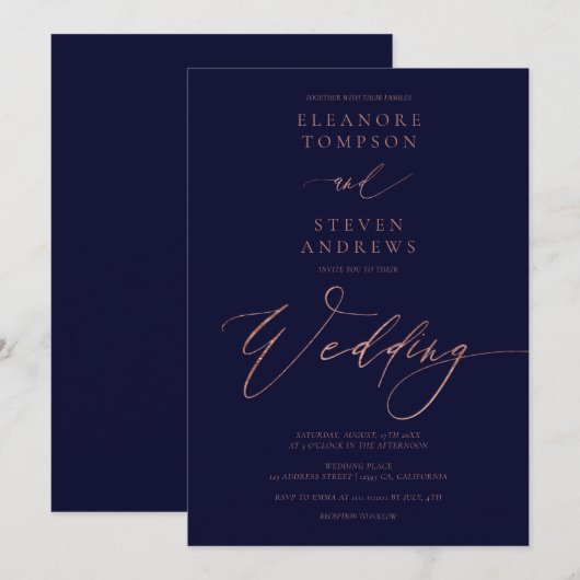 Chic roos gouden kalligrafie luxe marineblauwe bru kaart (Voorkant / Achterkant)