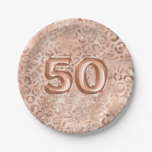 Chic Roos Gouden Luipaard Print 50ste Verjaardag Papieren Bordje (Voorkant)