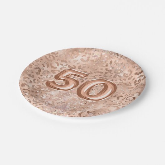 Chic Roos Gouden Luipaard Print 50ste Verjaardag Papieren Bordje (Gekanteld)