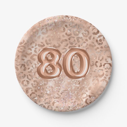 Chic Roos Gouden Luipaard Print 80ste Verjaardag Papieren Bordje (Voorkant)