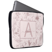 Chic Roos Roze Floral Manuscript Naam Monogram Laptop Sleeve (Voorkant Rechts)
