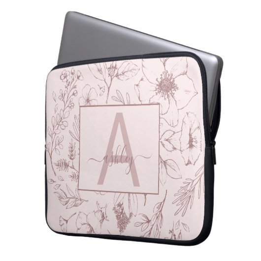 Chic Roos Roze Floral Manuscript Naam Monogram Laptop Sleeve (Voorkant Links)