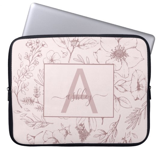 Chic Roos Roze Floral Manuscript Naam Monogram Laptop Sleeve (Voorkant)