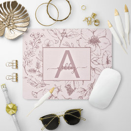Chic Roos Roze Floral Manuscript Naam Monogram Muismat
