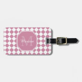 Chic Roos Roze Gecontroleerde Monogramnaam Bagagelabel (Voorkant horizontaal)