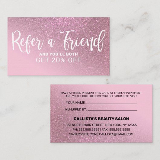 Chic Roos roze glitter gradiënt Typografie Aanbevelingskaartje (Voorkant / Achterkant)