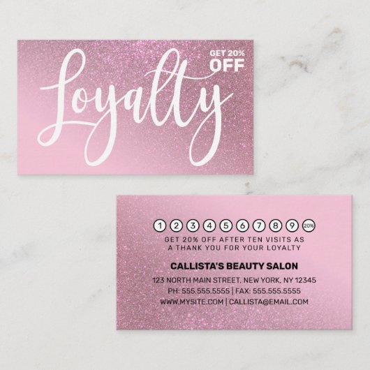 Chic Roos roze glitter gradiënt Typografie Klantenkaartje (Voorkant / Achterkant)