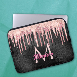Chic roos zwart dripping monogram notitieboek laptop sleeve