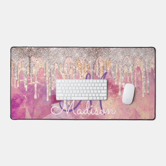 Chic roos zwart roze holografische dripmonogram bureaumat (Keyboard & Muis)