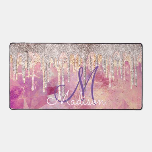 Chic roos zwart roze holografische dripmonogram bureaumat (Voorkant)