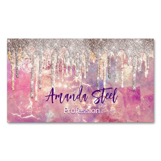 Chic roos zwart roze holografische dripmonogram magnetisch visitekaartje (Voorkant)