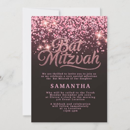 Chic Rose Gold & Black Bat Mitzvah Invitation Kaart (Voorkant)