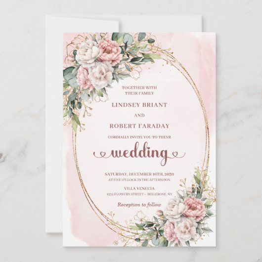 Chic Rose Gold Blush Botanical Wedding Invitation Kaart (Voorkant)