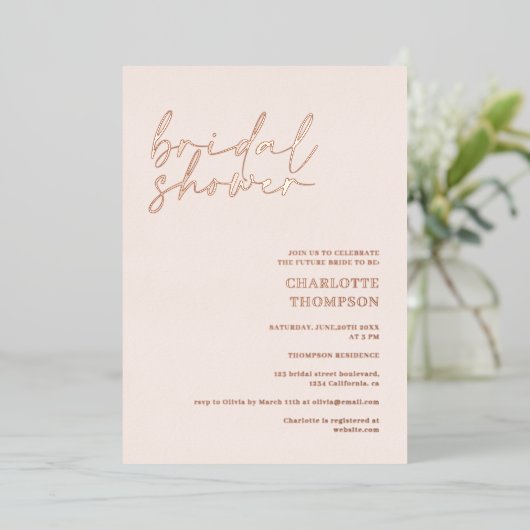 Chic rose gold blush casual script bridal shower folie uitnodiging (Staand Voorkant)