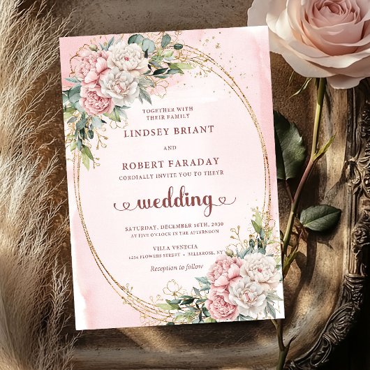 Chic Rose Gold Blush Floral Eucalyptus Wedding   Kaart