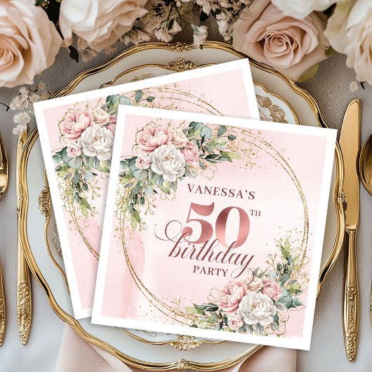 Chic Rose Gold Blush Floral Greenery 50th Birthday Servet