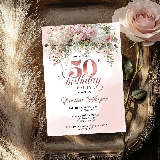 Chic Rose Gold Eucalyptus 50th Birthday Celebrate Kaart
