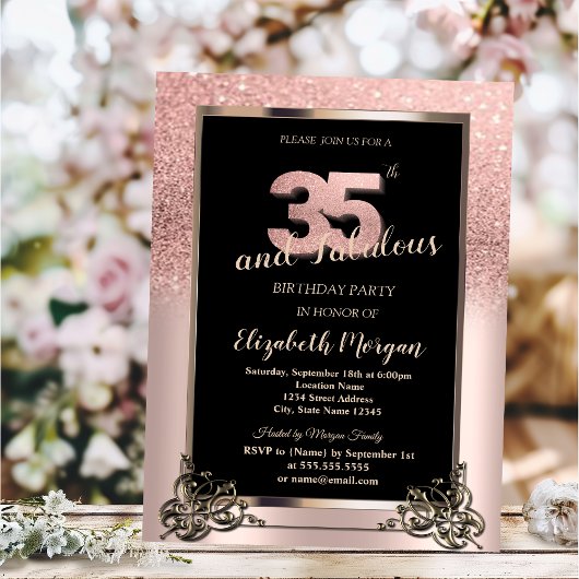 Chic Rose Gold Glitter Ombre 35th Birthday Party Kaart
