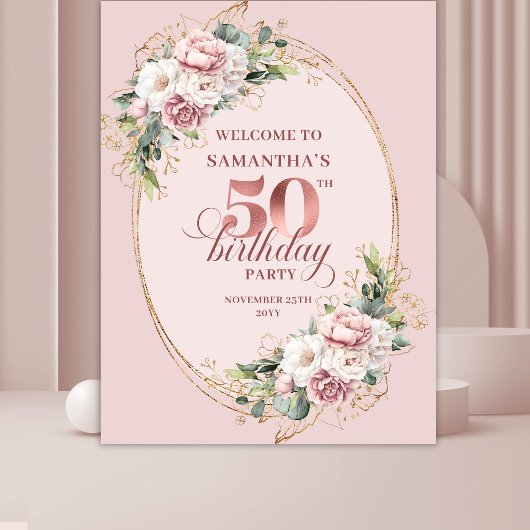 Chic Rose Gold Greenery 50th Birthday Celebration  Wandkleed