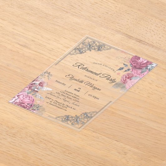 Chic Roses Flowers Silver Frame Retirement Acryl Uitnodigingen (Laagn)